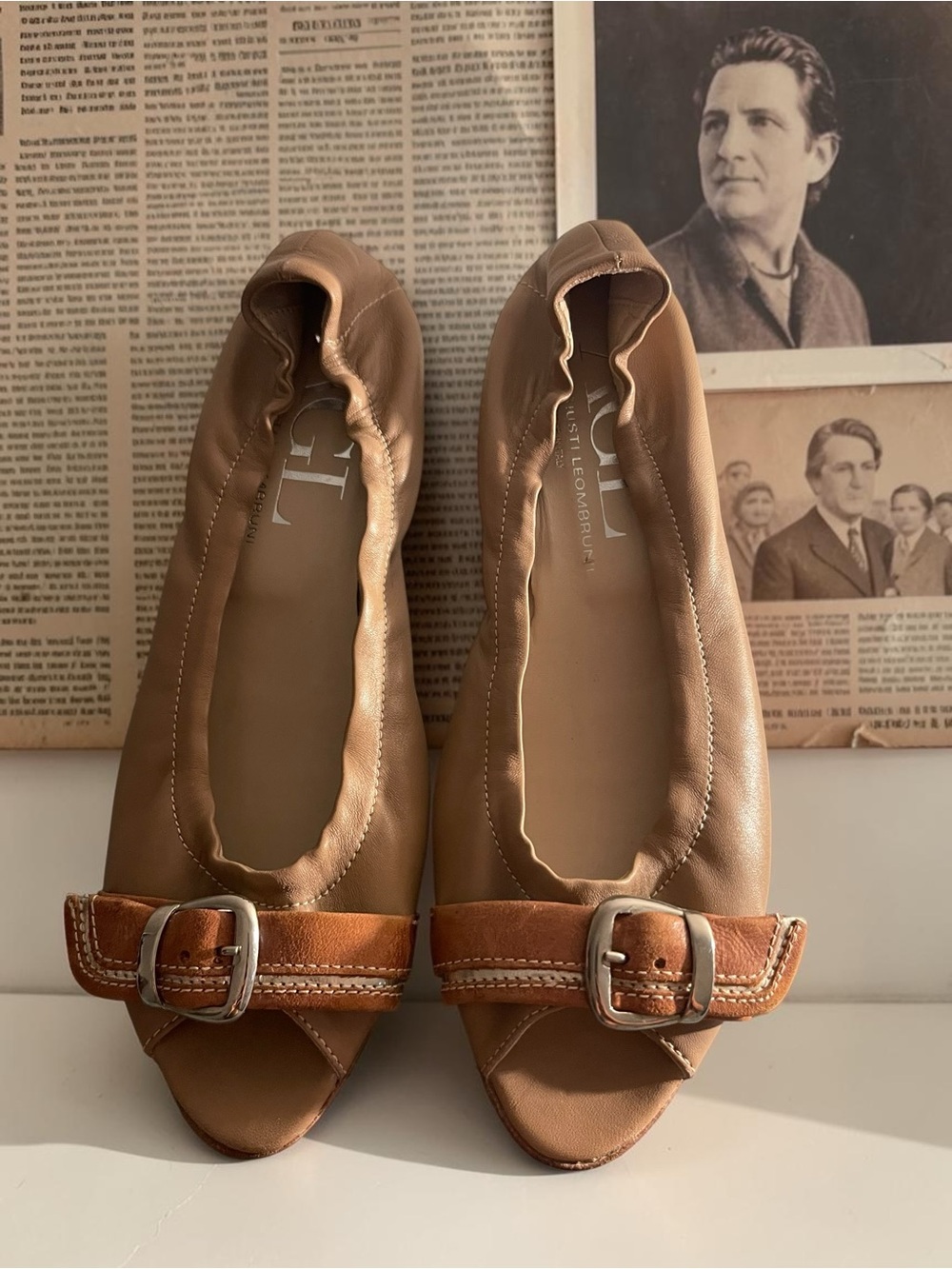 AGL Italy Leather Peep Toe Low Heel Pumps Tan Buckle Shoes Women's 9.5